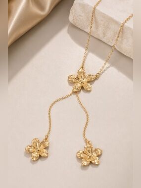 Gold Floral Y Necklace – Long Flower Drop Lariat Statement Necklace